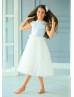 Blue Sequin Ivory Tulle Flower Girl Dress